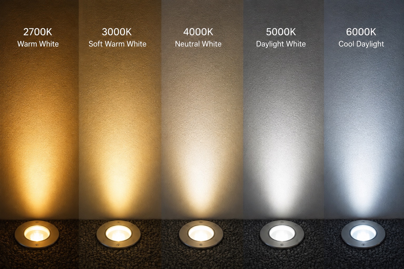Colour temperature scale from 2700K warm white to 6000K cool daylight