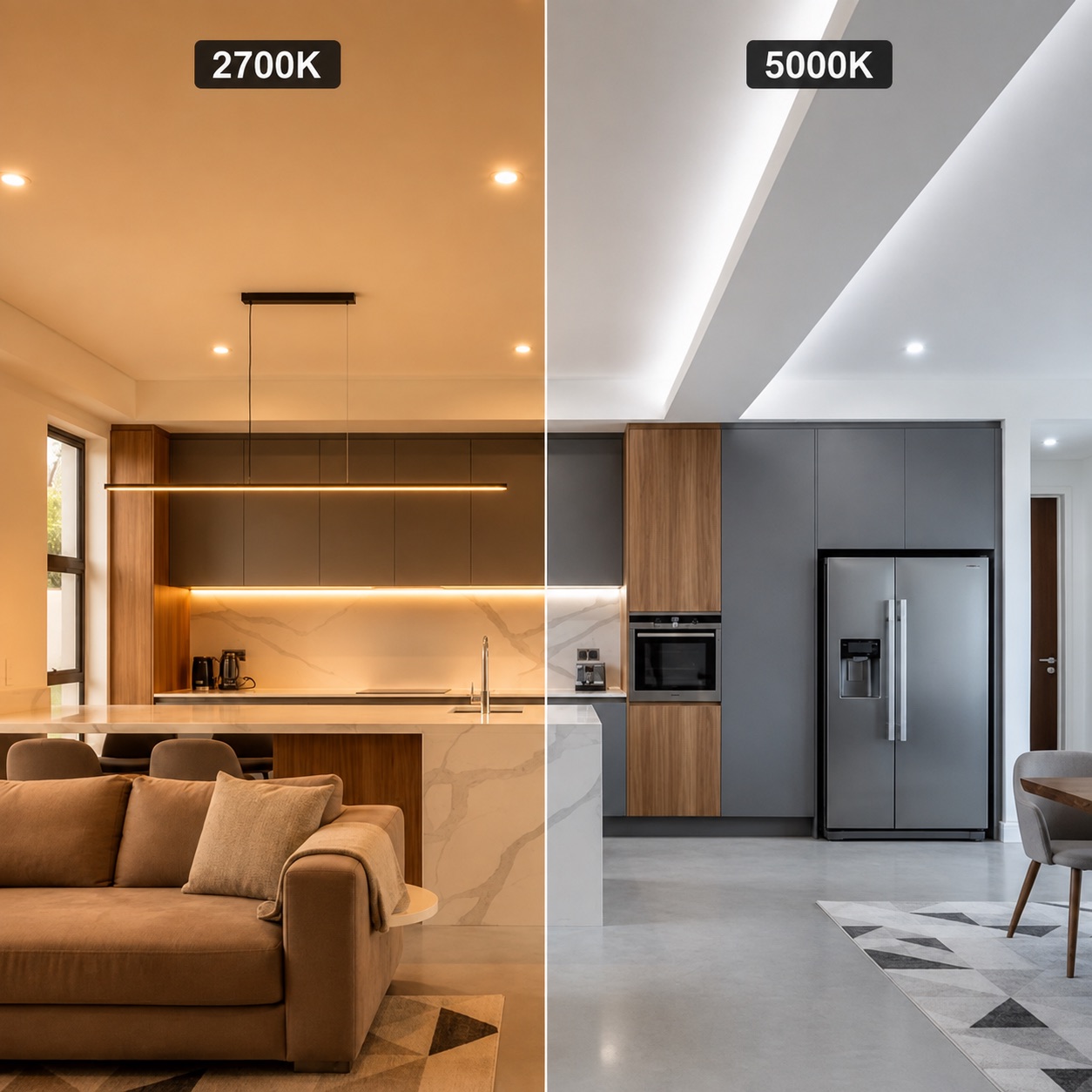 2700K warm white and 5000K daylight compared in the same kitchen