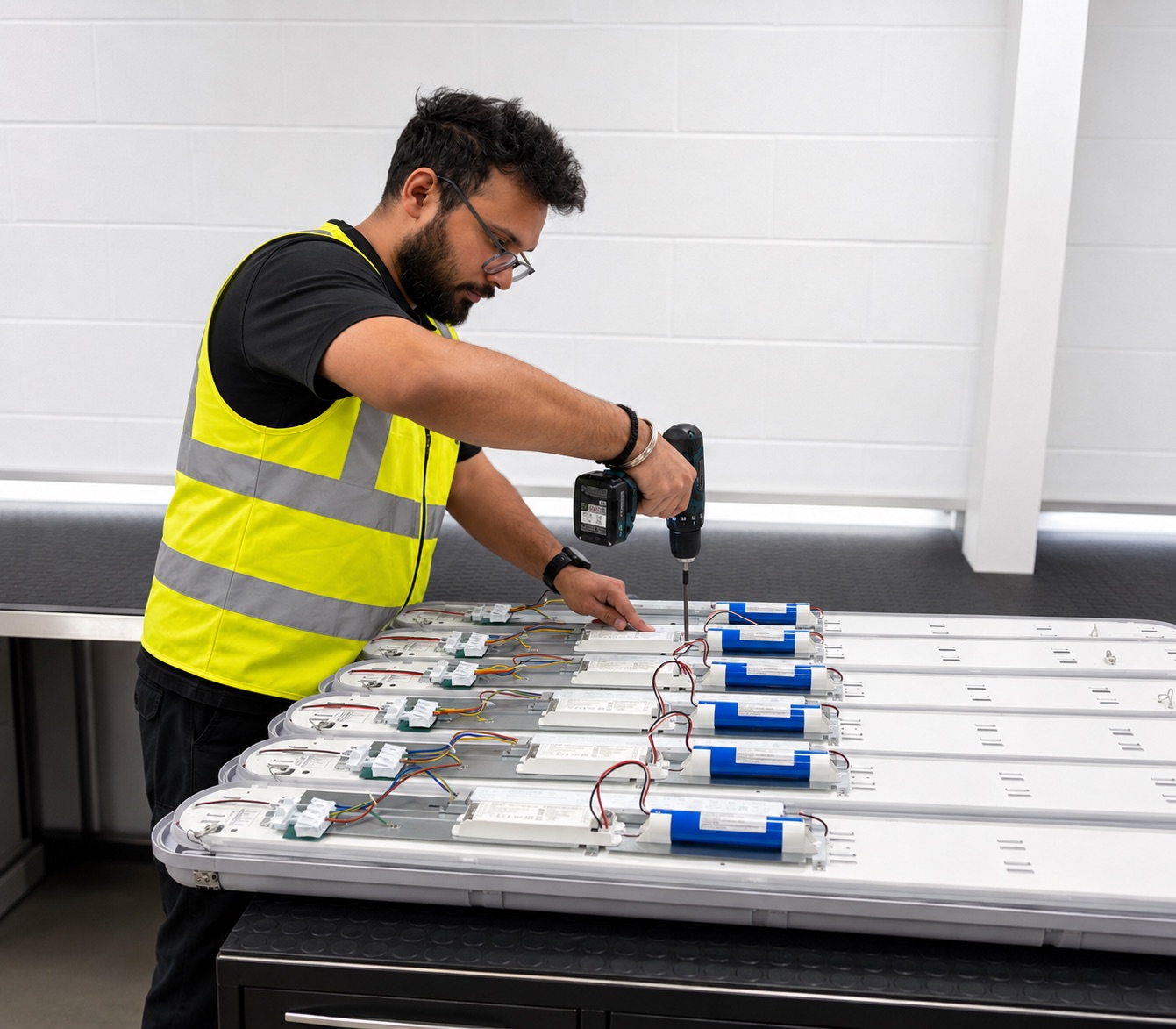 Luminaires being assembled and wired at the production bench