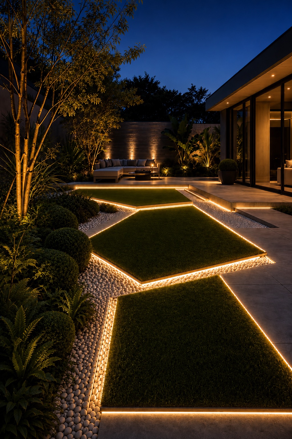 Marineflex outlining geometric lawn terraces at night