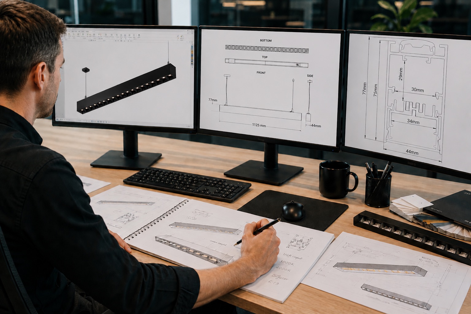 Orlight R&D designer working on a bespoke linear luminaire